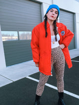 long sleeve bright orange zip up jacket with white fleece liner vintage