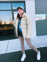 off white long sleeve puffer zip up jacket with faux fur collar 1960's vintage