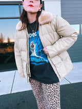 off white long sleeve puffer zip up jacket with faux fur collar 1960's vintage