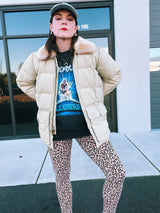 off white long sleeve puffer zip up jacket with faux fur collar 1960's vintage