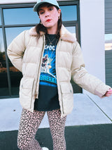 off white long sleeve puffer zip up jacket with faux fur collar 1960's vintage