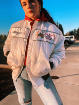 long sleeve white satin bomber 1984 rick mears indy 500 winner