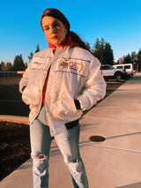 long sleeve white satin bomber 1984 rick mears indy 500 winner