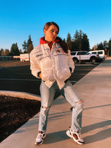 long sleeve white satin bomber 1984 rick mears indy 500 winner