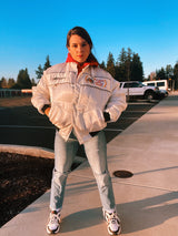 long sleeve white satin bomber 1984 rick mears indy 500 winner