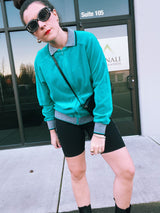 long sleeve turquoise zip up velour track jacket sweater vintage 1980's