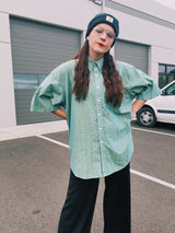 1980's short sleeve striped ralph lauren button up shirt in green