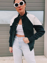 long sleeve jacket with popper buttons 1980's women's black and white with knit, suede, and leather panels