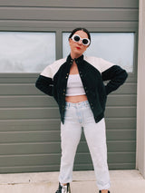 long sleeve jacket with popper buttons 1980's women's black and white with knit, suede, and leather panels