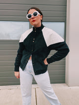 long sleeve jacket with popper buttons 1980's women's black and white with knit, suede, and leather panels