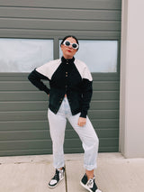 long sleeve jacket with popper buttons 1980's women's black and white with knit, suede, and leather panels