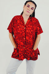 vintage red Hawaiian print button up front