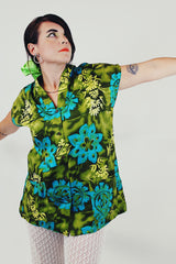 Green Blue Hawaiian print smock top