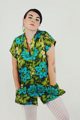 Green Blue Hawaiian print smock top hands in pockets