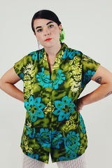 Green Blue Hawaiian print smock top front