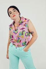 vintage pink printed blouse with collar