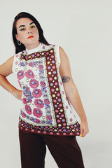 vintage printed sleeveless mock neck top front