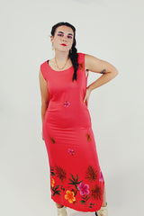 pink vintage Hawaiian print dress front