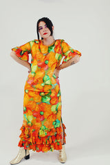 orange vintage dress with ruffle arms and hem