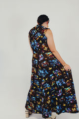 vintage high neck printed maxi dress back