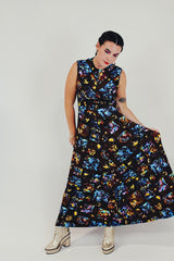 vintage high neck printed maxi dress