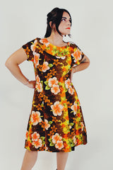 vintage brown Hawaiian print mini dress front
