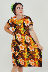 vintage brown Hawaiian print mini dress front