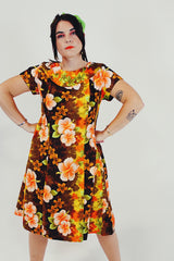 vintage brown Hawaiian print mini dress front