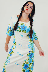 White blue floral Hawaiian print dress closeup