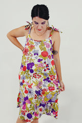 Floral tie sleeve mini dress front closeup