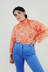 orange vintage printed mock neck top front