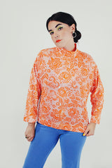 orange vintage printed mock neck top