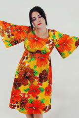 Yellow Red Hawaiian print vintage mini dress