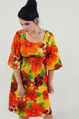 Yellow Red Hawaiian print vintage mini dress