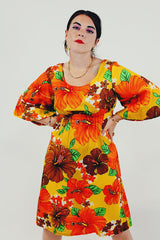 Bell sleeves Yellow Red Hawaiian print vintage mini dress