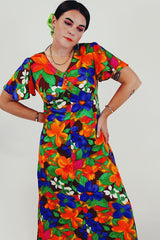 Multi-color Floral Print Maxi Dress Flutter Sleeves Front