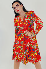 red vintage floral midi dress model