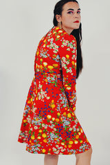 red vintage floral midi dress side