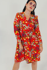 red vintage floral midi dress front