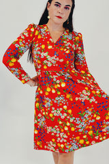 red vintage floral midi dress front