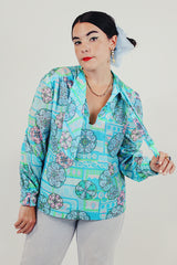 blue long sleeve printed tie neck blouse