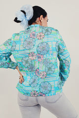 blue long sleeve printed tie neck blouse back