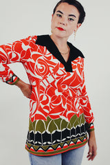 red printed long sleeve collared blouse