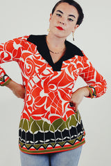 red printed long sleeve collared blouse