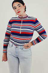 Vintage long sleeve striped mock neck top