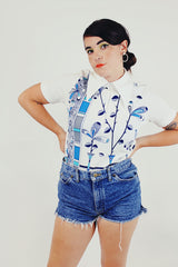 vintage printed short sleeved collared blouse