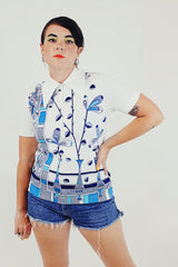 vintage printed short sleeved collared blouse