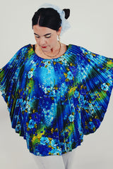 Blue vintage floral pleated blouse front