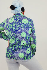 vintage blue green printed button up back