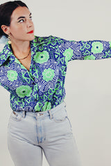 vintage blue green printed button up